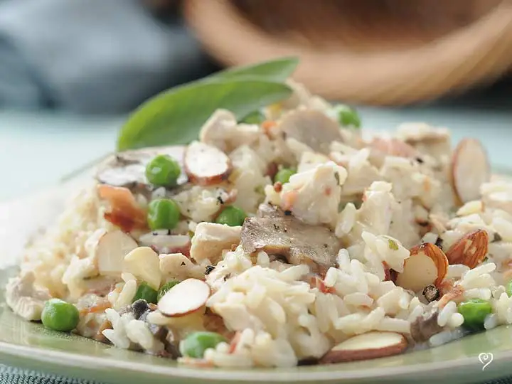 Creamy Chicken Risotto with Almond Green Beans
