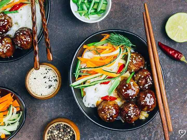 Sticky Ginger Turkey Meatballs over Fried Rice