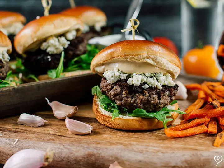 Gorgonzola Cheese Burgers with Roasted Garlic Aioli