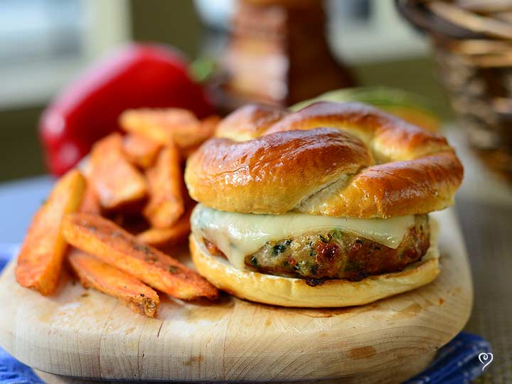 Turkey Florentine Burgers on Pretzel Buns