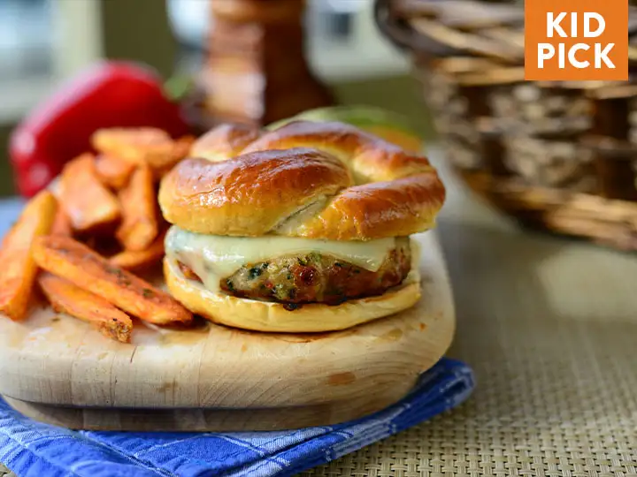 Turkey Florentine Burgers with Pretzel Buns and Salt & Pepper Fries
